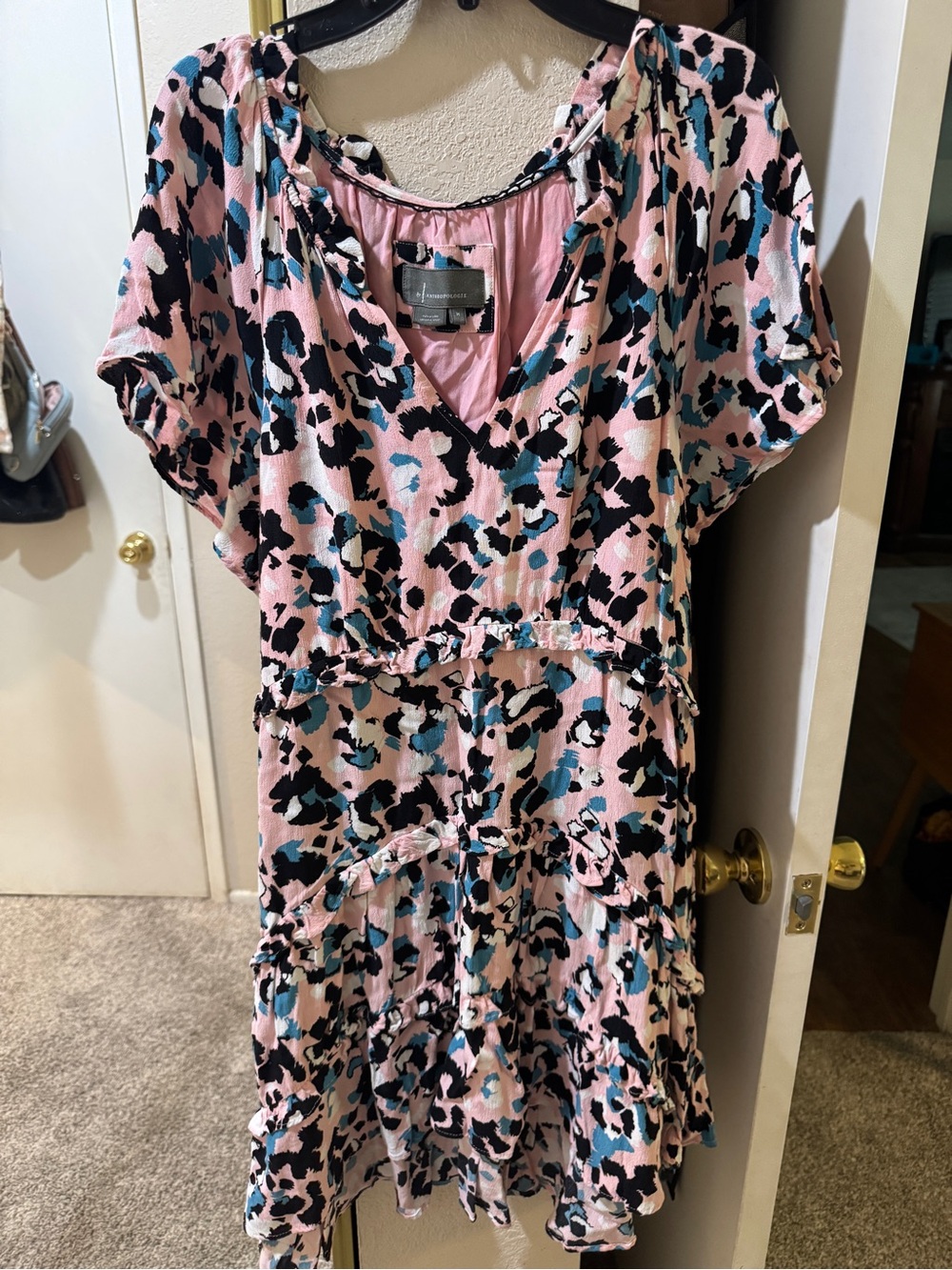 Anthropologie Women’s M Pink Leopard Print Tiered V-Neck Dress